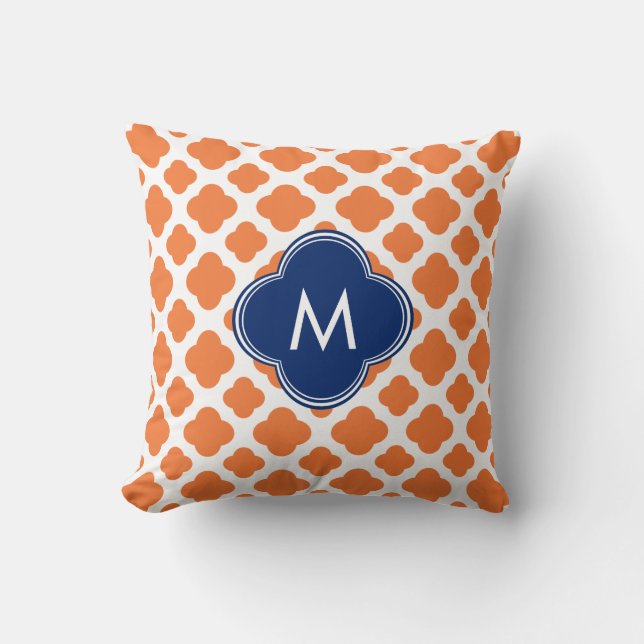 Monogrammed Orange and Royal Blue Quatrefoil Throw Pillow (Front)