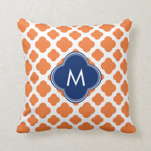 Monogrammed Orange and Royal Blue Quatrefoil Throw Pillow