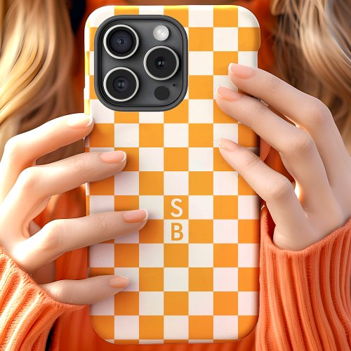 Monogrammed Orange And White Checkerboard Pattern iPhone 15 Case