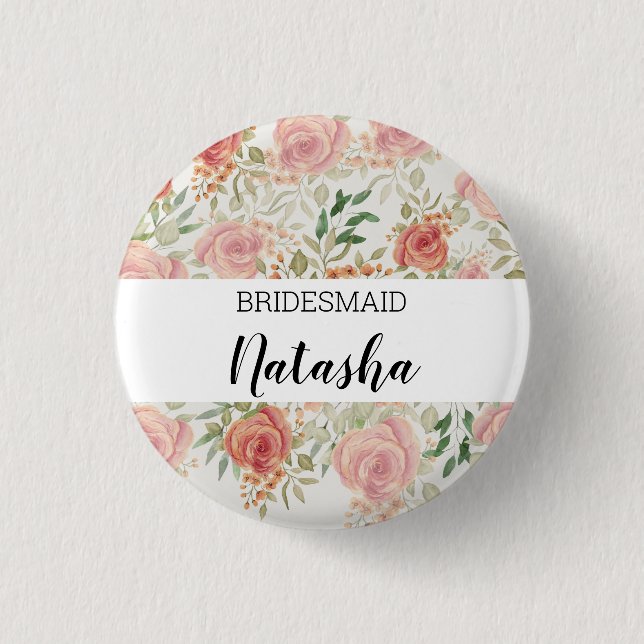 Monogrammed Orange Blush Roses Watercolor Button (Front)
