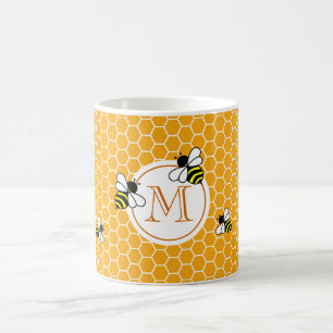 Monogrammed Orange Honeycomb Pattern with Bees Coffee Mug