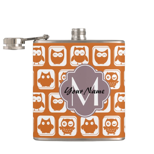 Monogrammed Orange Owls Flask (Opened)