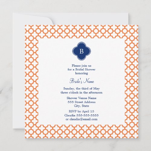 Monogrammed Orange , Royal Blue Quatrefoil Bridal Personalized Announcement