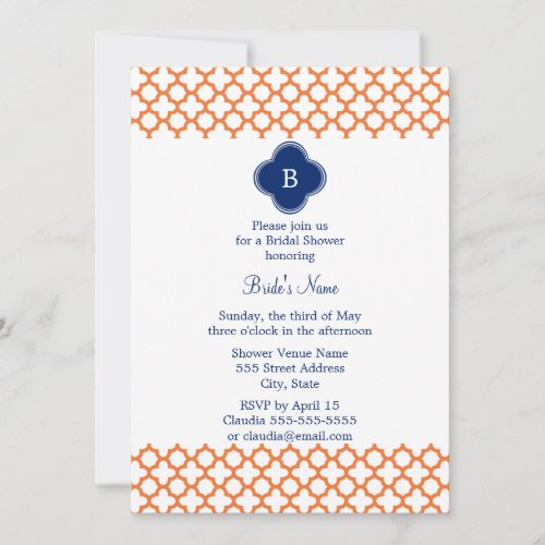 Monogrammed Orange , Royal Blue Quatrefoil Bridal Custom Announcements