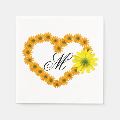 Monogrammed Orange  Yellow Daisy Heart Napkin