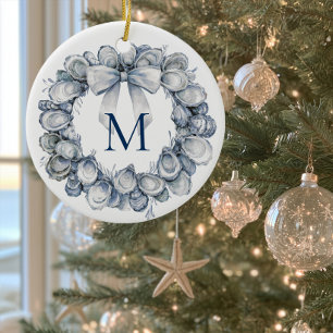 Monogrammed Oyster Shell Wreath Christmas Ceramic Ornament