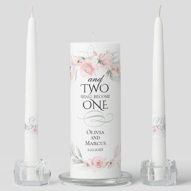 Monogrammed Pale Blush Spring Flowers Unity Candle (Front)