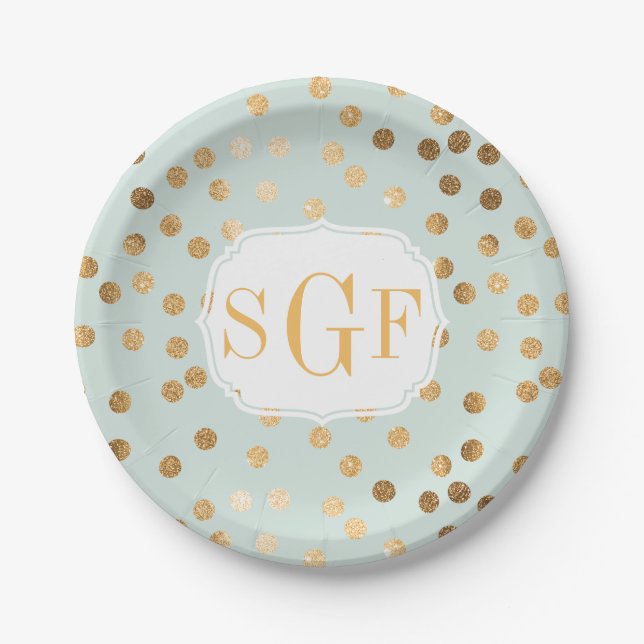 Monogrammed Pale Mint Blue and Gold Glitter Dots Paper Plates (Front)