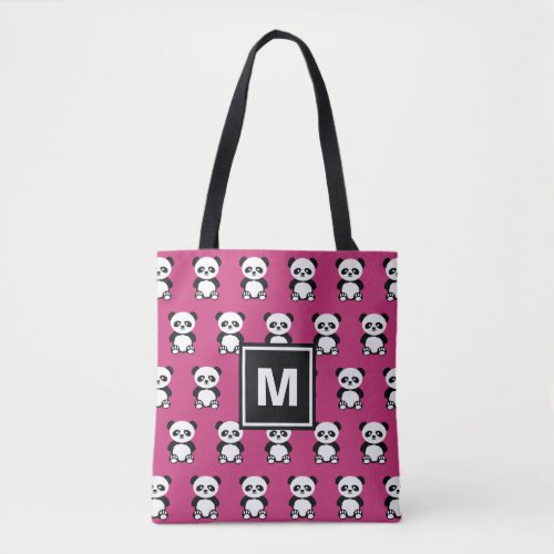Monogrammed Panda Bear Animal Kawaii Pink Tote Bag