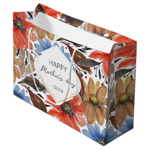 Monogrammed Pastel Blue Orange Floral Watercolor Large Gift Bag