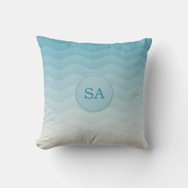 Monogrammed Pastel Blue Waves Ombre Throw Pillow (Front)