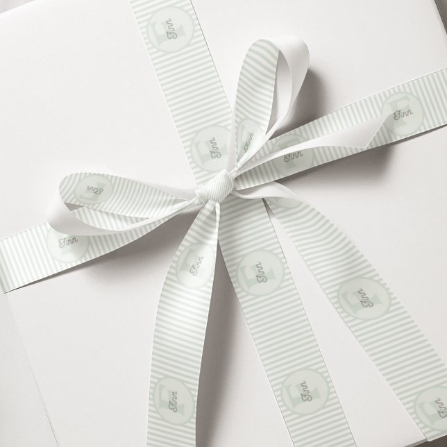 Monogrammed Pastel Green and White Striped Grosgrain Ribbon (Cute Gender Neutral Monogram and Name Ribbon for Kids. Pastel Green and White Stripes.)