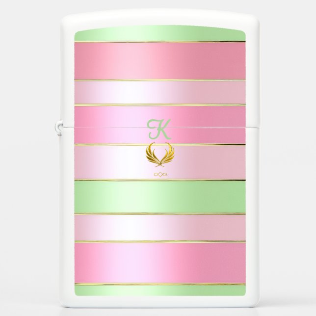 Monogrammed Pastel  Pink and Green Striped  Zippo Lighter (Front)