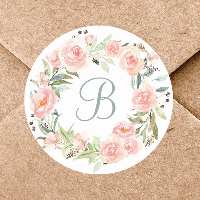 Monogrammed Pastel Pink Flower Wreath Classic Round Sticker (In situ)