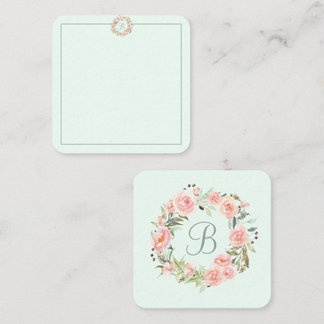 Monogrammed Pastel Pink Flower Wreath Diary Note Card (Front/Back)
