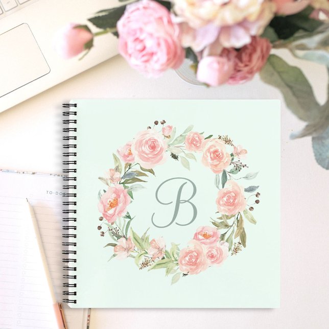 Monogrammed Pastel Pink Flower Wreath Diary Notebook (In situ)