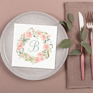 Monogrammed Pastel Pink Flower Wreath Napkins