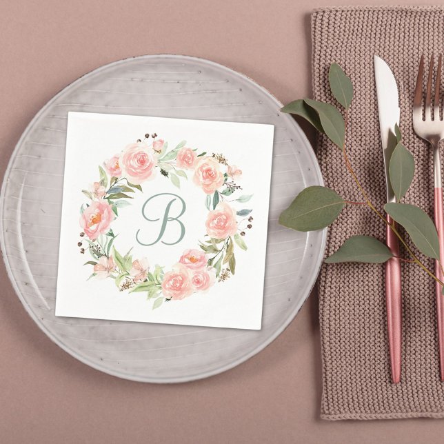 Monogrammed Pastel Pink Flower Wreath Napkins (In situ Wedding reception)