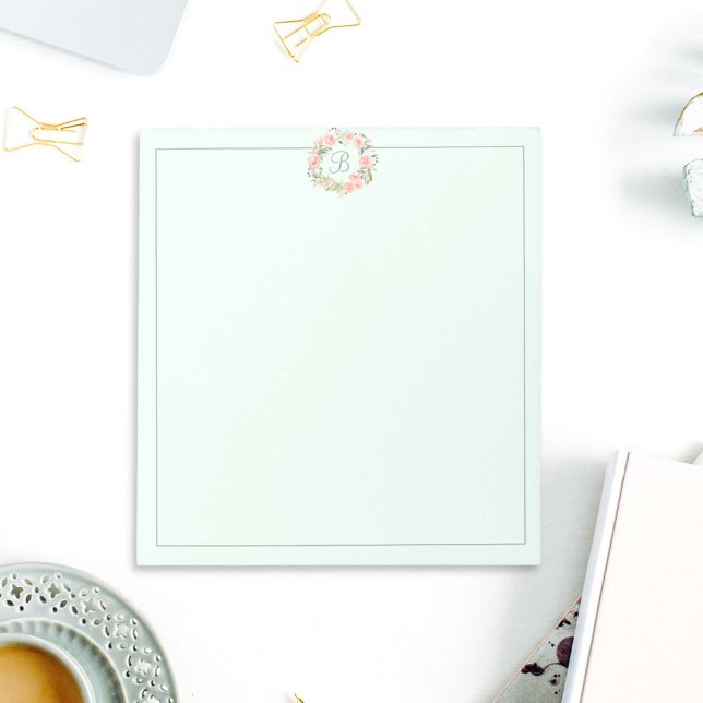 Monogrammed Pastel Pink Flower Wreath Notepad (In situ Office desk)