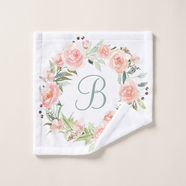 Monogrammed Pastel Pink Flower Wreath Wash Cloth (Wash Cloth)