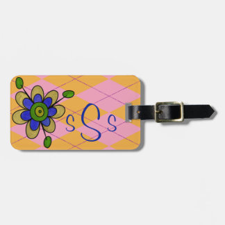 Monogrammed Pastel Pink & Orange Argyle & Flower Luggage Tag