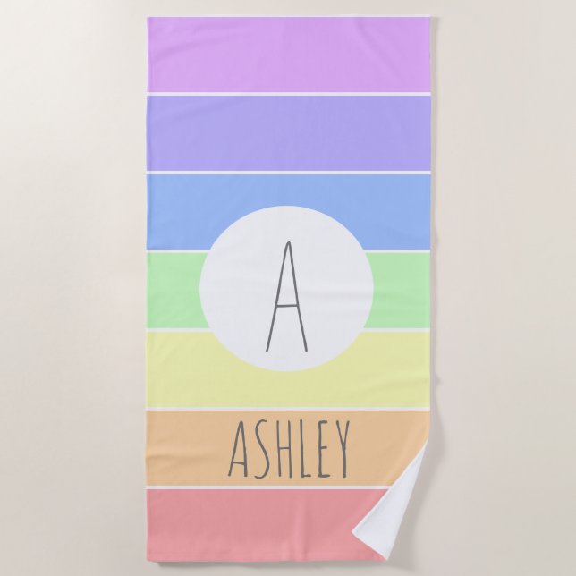 Monogrammed Pastel Rainbow Colorful Stripes Beach Towel (Front)