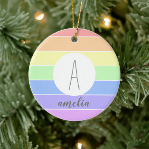 Monogrammed Pastel Rainbow Colorful Stripes Ceramic Ornament