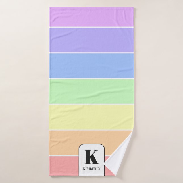 Monogrammed Pastel Rainbow Colorful Stripes Modern Bath Towel Set (Bath Towel)