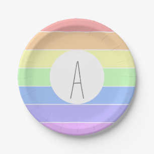 Monogrammed Pastel Rainbow Colorful Stripes Paper Plates