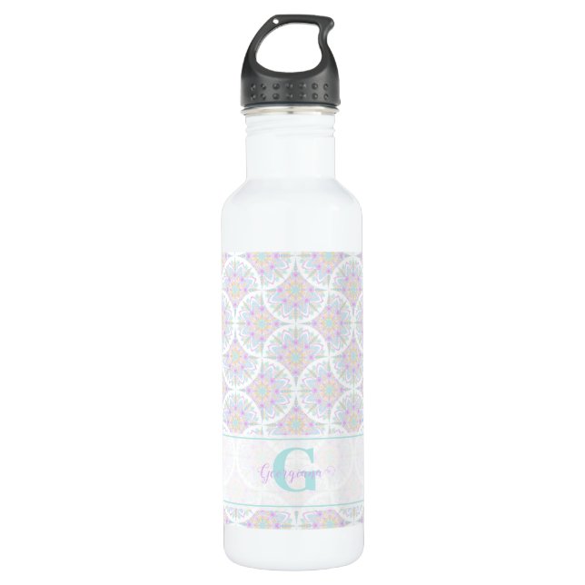 Monogrammed Pastel Rainbow Sundae Mandala Art Deco Stainless Steel Water Bottle (Front)