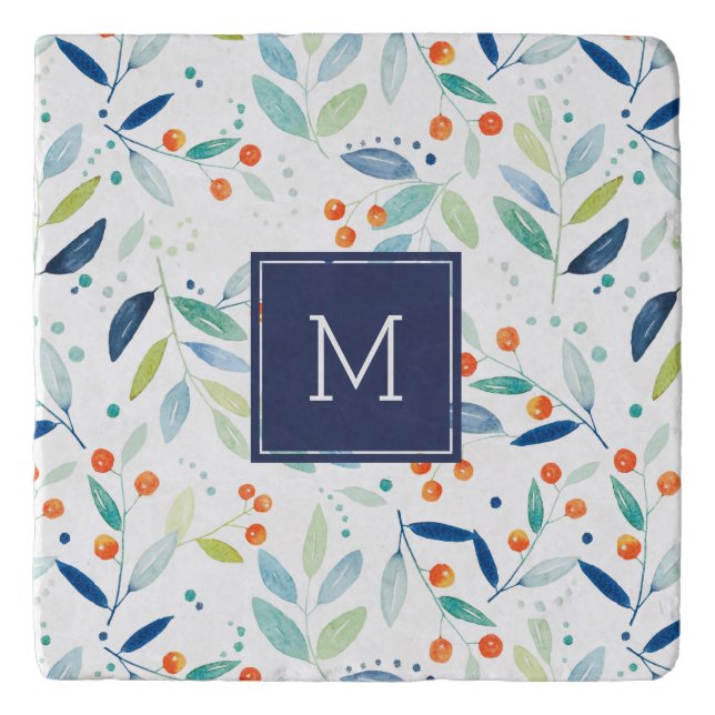 Monogrammed Pastel Watercolors Botanical Pattern Trivet (Front)