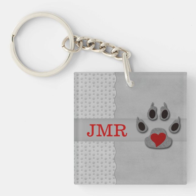 Monogrammed Paw Print and Red Heart Keychain (Front)