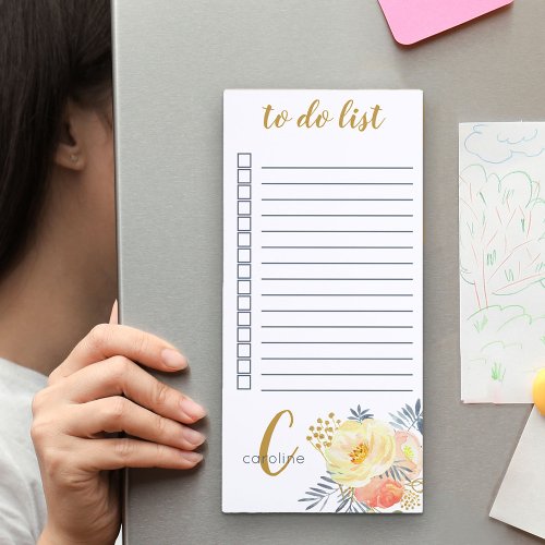 Monogrammed Peach and Gold Flowers To Do List Magnetic Notepad