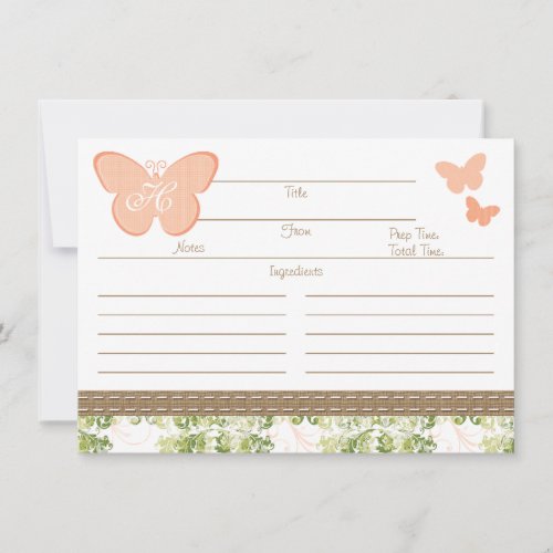 Monogrammed Peach Butterfly Recipe Card