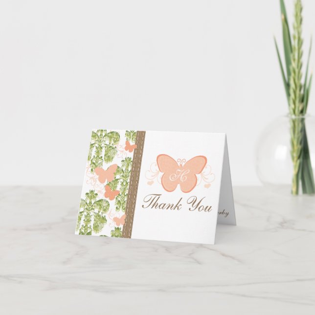 MONOGRAMMED PEACH BUTTERFLY WEDDING THANK YOU CARD (Front)