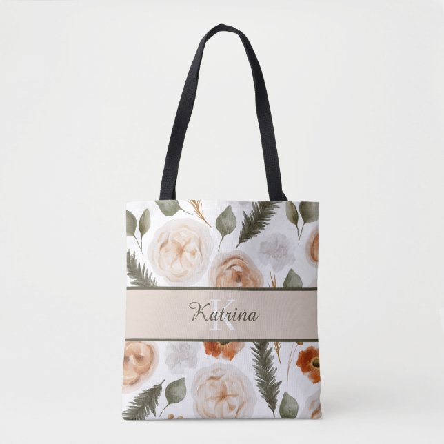 Monogrammed Peach Watercolor Floral Tote Bag (Front)