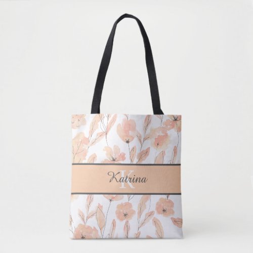 Monogrammed Peach Watercolor Floral Tote Bag