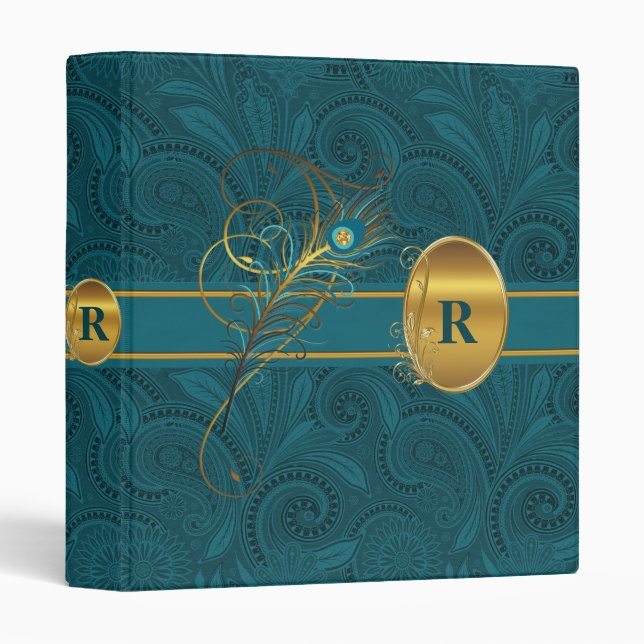 Monogrammed Peacock and Gold Paisely Wedding 3 Ring Binder (Front/Spine)