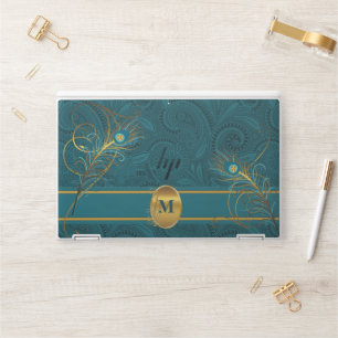Monogrammed Peacock Feather and Teal HP Laptop Skin