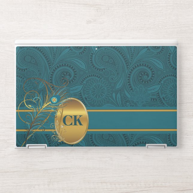 Monogrammed Peacock with Gold Elegant HP Laptop Skin (Front)