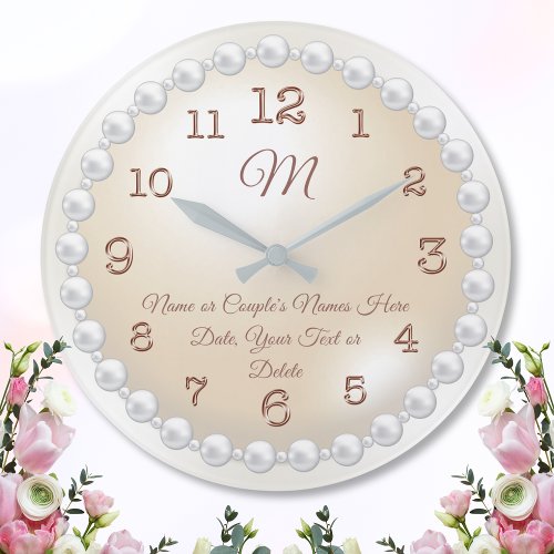 Monogrammed Pearls on Pearl Clock Personalized Large Clock