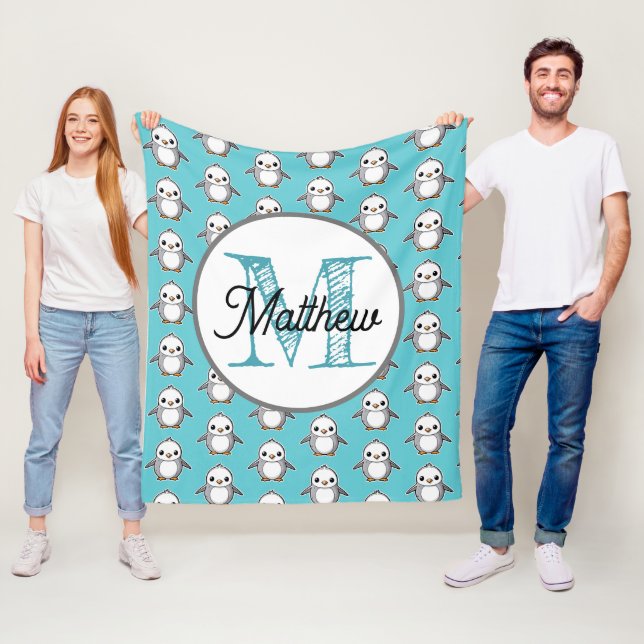 Monogrammed personalize fleece blanket penguin (In Situ)