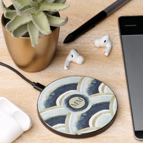 Monogrammed Personalized Blue Gold Watercolor Wireless Charger