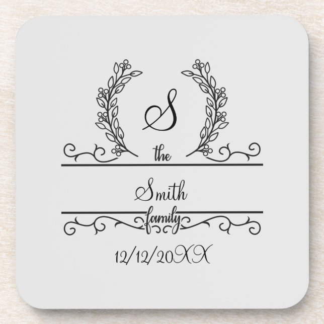Monogrammed Personalized Family Name Script leaves Beverage Coaster (Front)