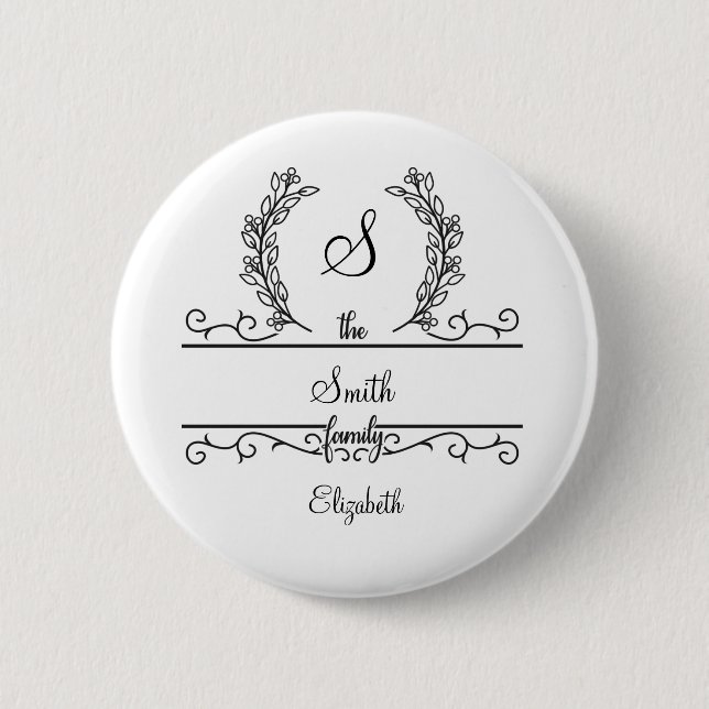 Monogrammed Personalized Family Name Script Leaves Button (Front)