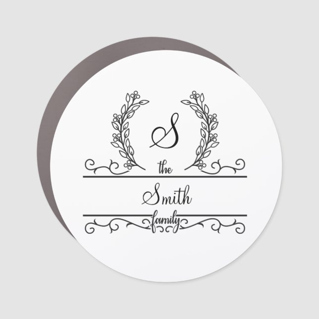 Monogrammed Personalized Family Name Script Leaves Car Magnet (Front)