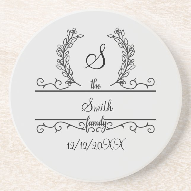 Monogrammed Personalized Family Name Script leaves Coaster (Front)