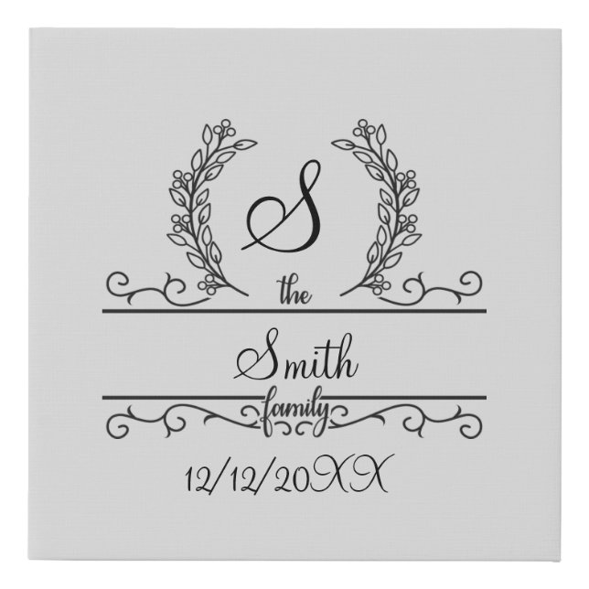 Monogrammed Personalized Family Name Script leaves Faux Canvas Print (Front)