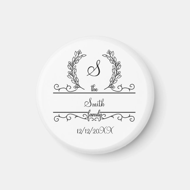Monogrammed Personalized Family Name Script Leaves Magnet (Front)
