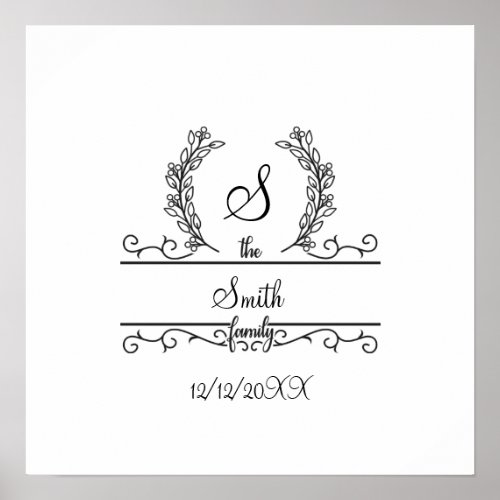 Monogrammed Personalized Family Name Script leaves Poster